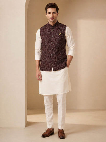 Wine Jacquard Nehru Bandi for Men