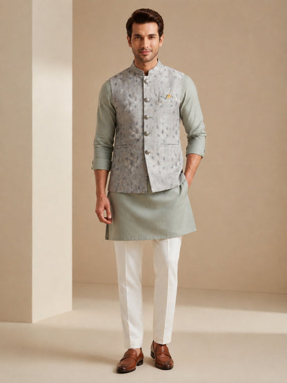 Light Grey Jacquard Nehru Bandi for Men